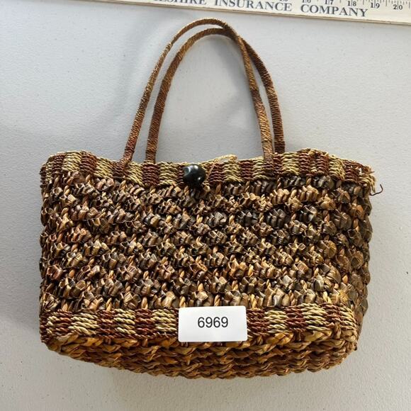 Wicker Rattan Woven Bohemian Two-toned Handbag Two Handle - Picture 10 of 14